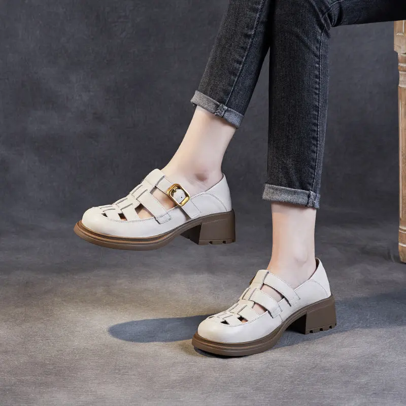 Women Summer Retro Leather Chunky Heel Sandals online